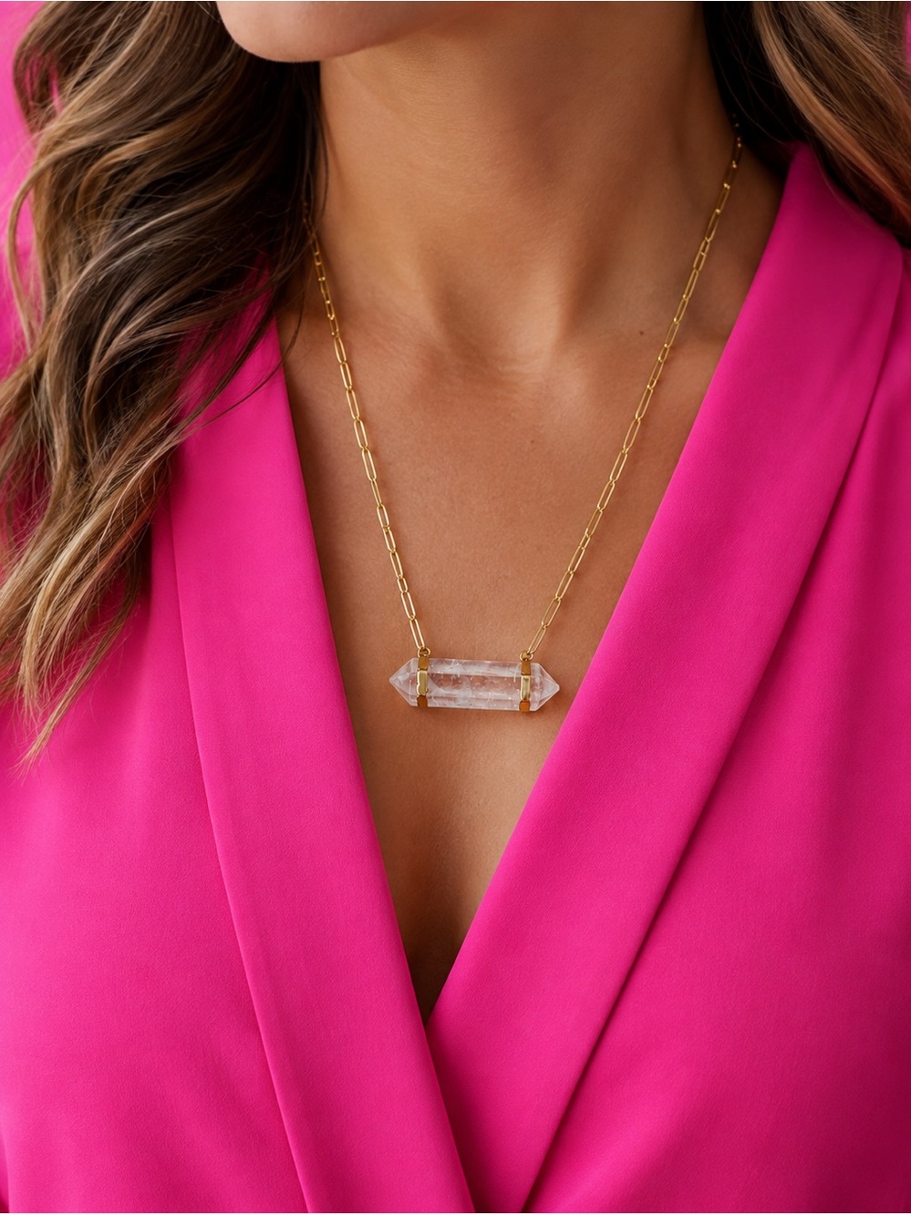 Gold-Tone Paper Clip Link Chain Necklace with Clear Quartz Point Pendant